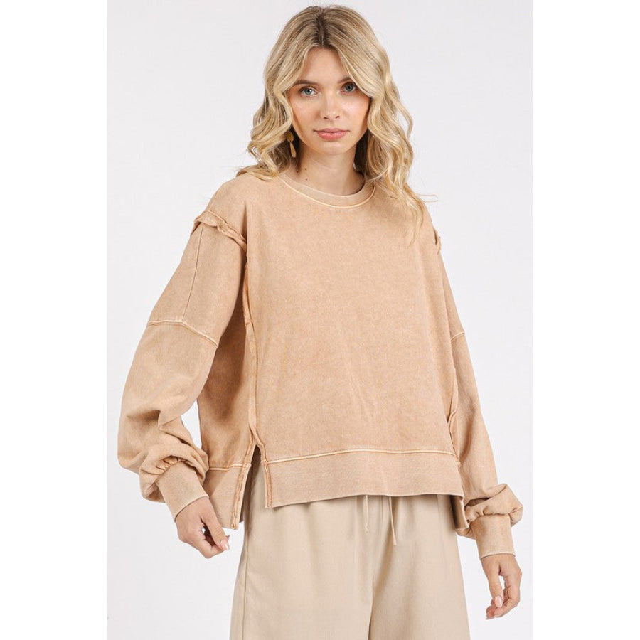 Mittoshop Side Slit Exposed Seam Round Neck Sweatshirt Tan / S Apparel and Accessories