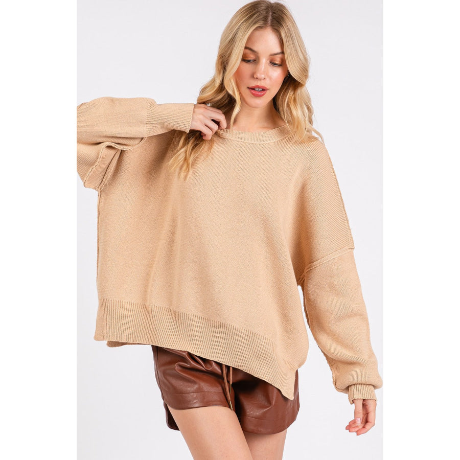 Mittoshop Side Slit Round Neck Drop Shoulder Sweater Apparel and Accessories