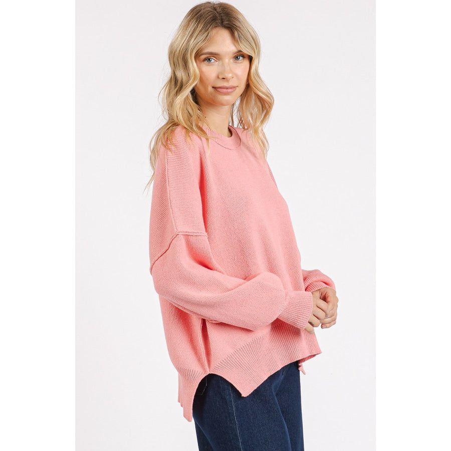 Mittoshop Side Slit Round Neck Drop Shoulder Sweater Apparel and Accessories