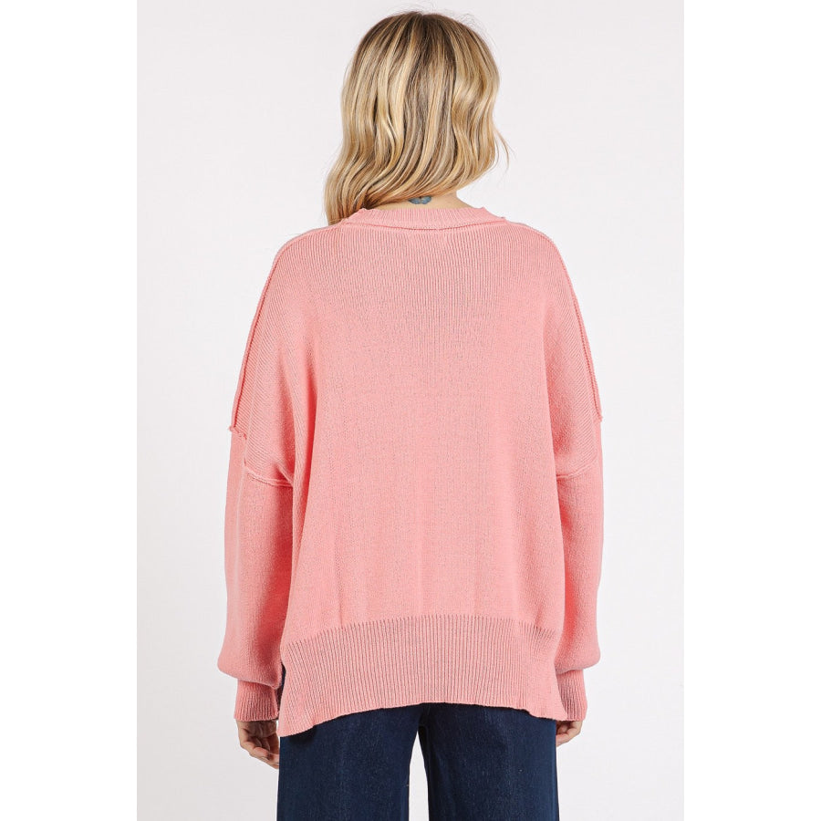 Mittoshop Side Slit Round Neck Drop Shoulder Sweater Pink / S Apparel and Accessories