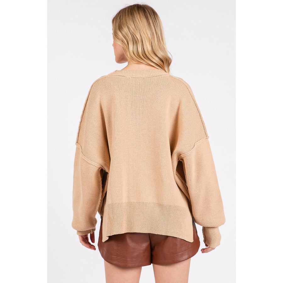 Mittoshop Side Slit Round Neck Drop Shoulder Sweater Apparel and Accessories