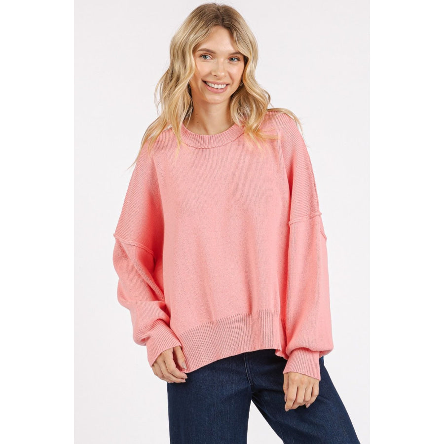 Mittoshop Side Slit Round Neck Drop Shoulder Sweater Apparel and Accessories