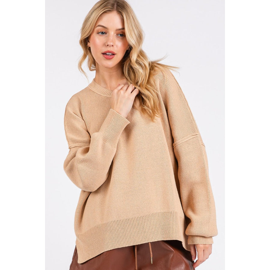 Mittoshop Side Slit Round Neck Drop Shoulder Sweater Apparel and Accessories