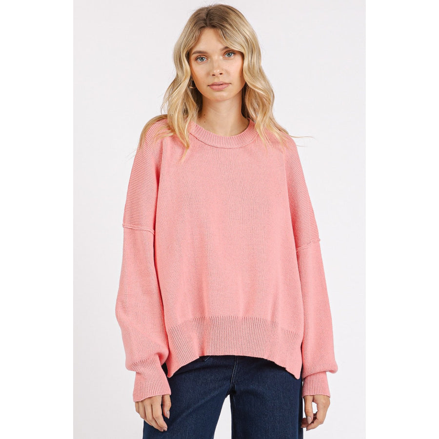 Mittoshop Side Slit Round Neck Drop Shoulder Sweater Pink / S Apparel and Accessories