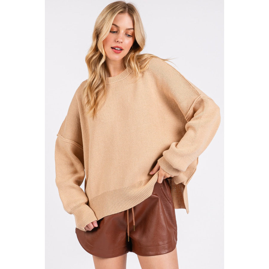 Mittoshop Side Slit Round Neck Drop Shoulder Sweater Tan / S Apparel and Accessories