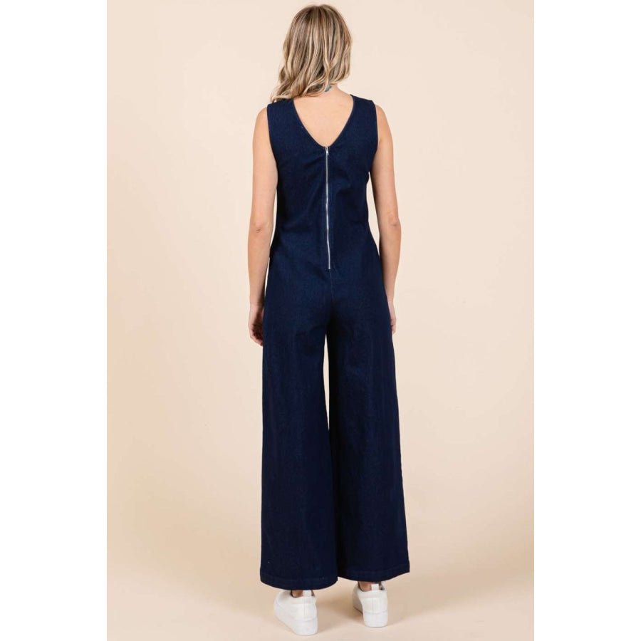 Mittoshop Sleeveless Wide Leg Denim Jumpsuit Apparel and Accessories