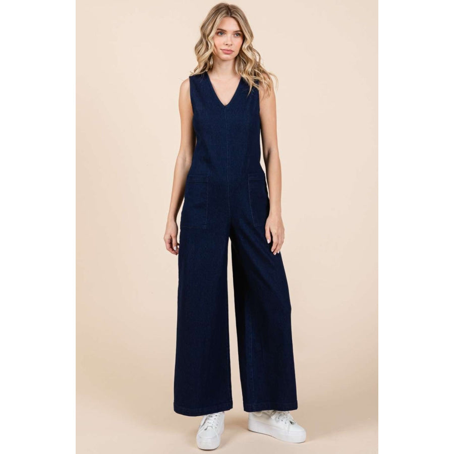 Mittoshop Sleeveless Wide Leg Denim Jumpsuit Apparel and Accessories