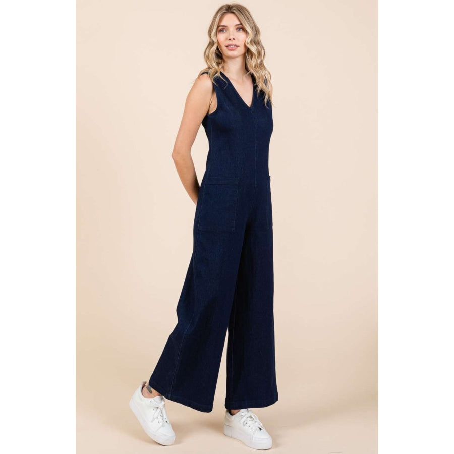 Mittoshop Sleeveless Wide Leg Denim Jumpsuit Apparel and Accessories