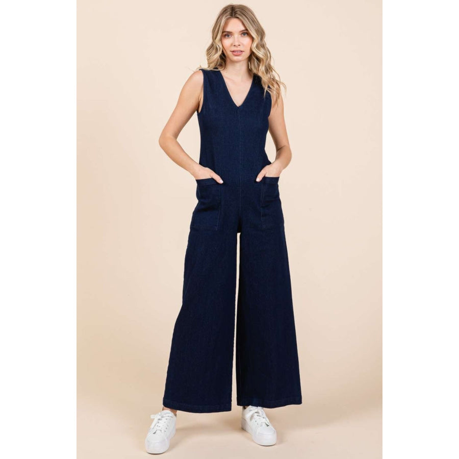 Mittoshop Sleeveless Wide Leg Denim Jumpsuit Dk Denim / S Apparel and Accessories