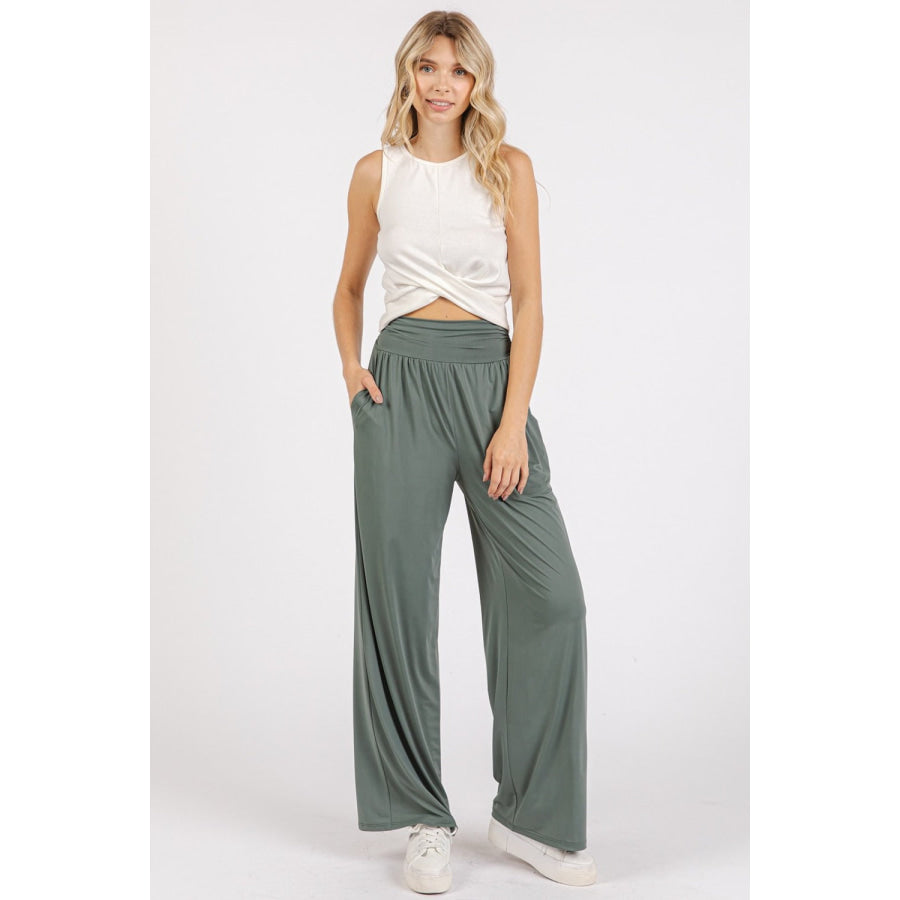 Mittoshop Stretch Banded Waist Wide Leg Pants with Pockets Apparel and Accessories