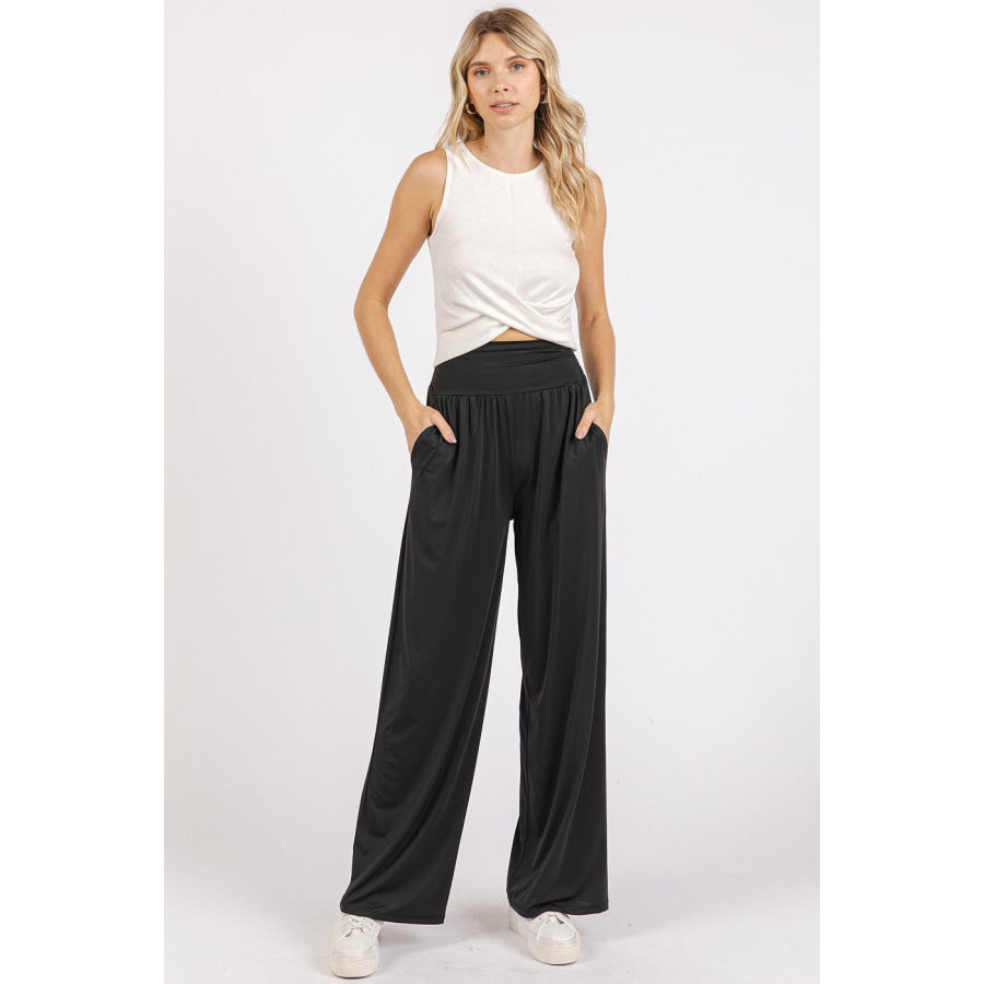 Mittoshop Stretch Banded Waist Wide Leg Pants with Pockets Apparel and Accessories