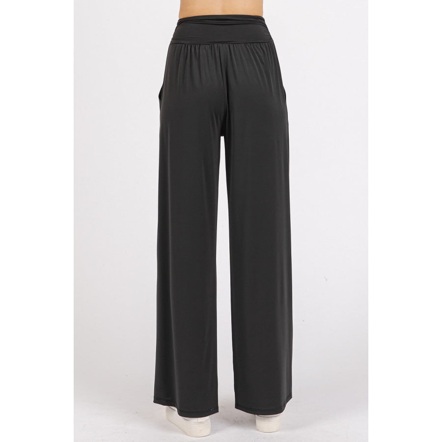 Mittoshop Stretch Banded Waist Wide Leg Pants with Pockets Apparel and Accessories