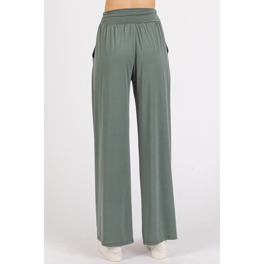 Mittoshop Stretch Banded Waist Wide Leg Pants with Pockets Apparel and Accessories