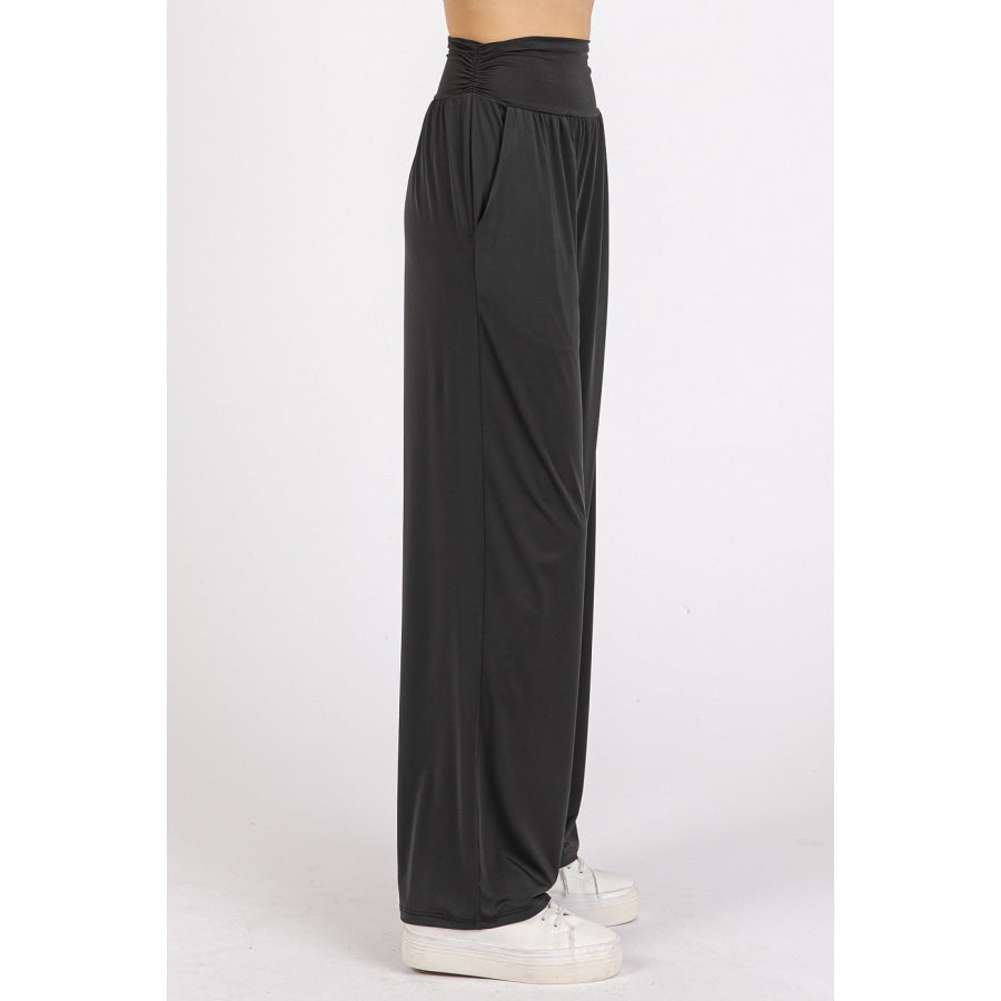 Mittoshop Stretch Banded Waist Wide Leg Pants with Pockets Apparel and Accessories