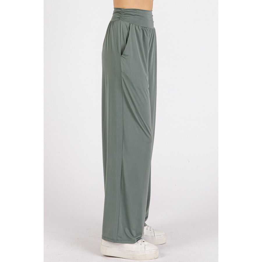 Mittoshop Stretch Banded Waist Wide Leg Pants with Pockets Apparel and Accessories