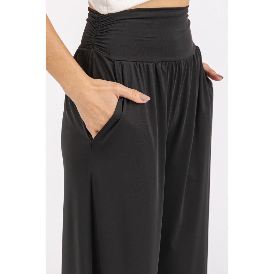 Mittoshop Stretch Banded Waist Wide Leg Pants with Pockets Apparel and Accessories