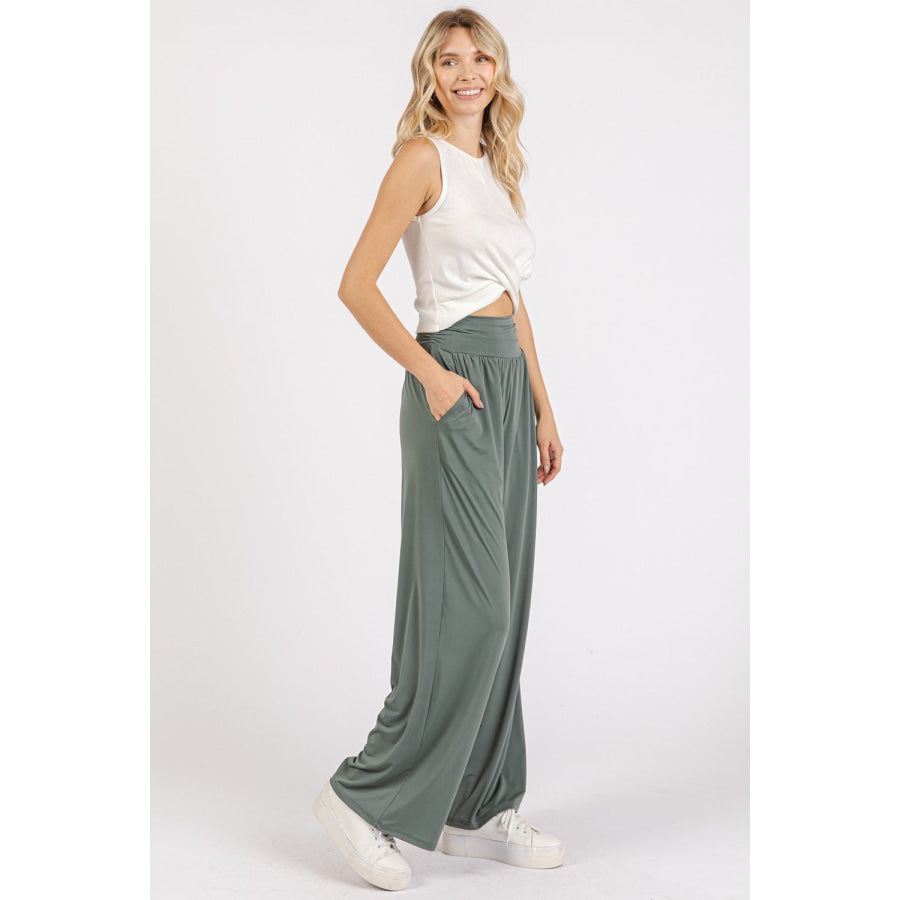 Mittoshop Stretch Banded Waist Wide Leg Pants with Pockets Apparel and Accessories