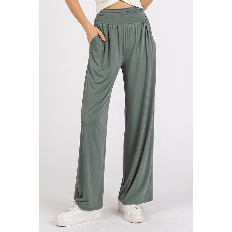 Mittoshop Stretch Banded Waist Wide Leg Pants with Pockets Army Green / S Apparel and Accessories