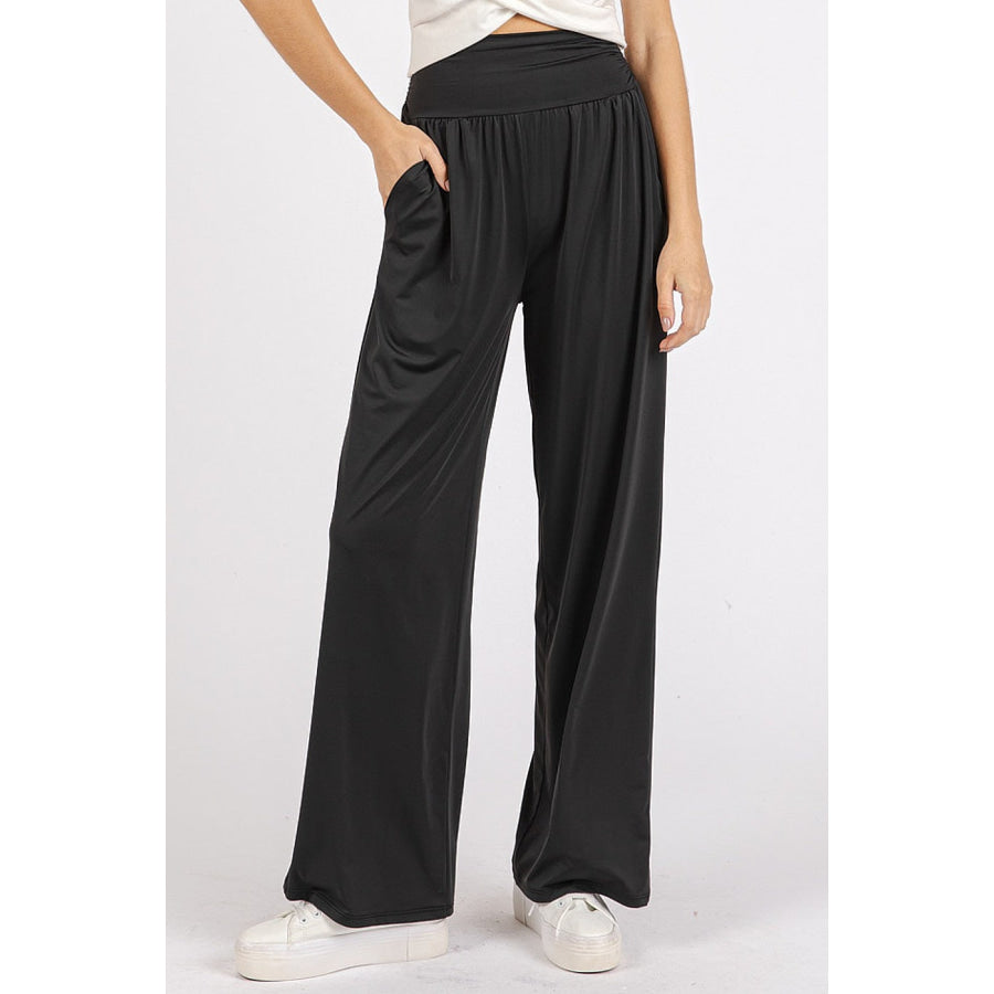 Mittoshop Stretch Banded Waist Wide Leg Pants with Pockets Black / S Apparel and Accessories