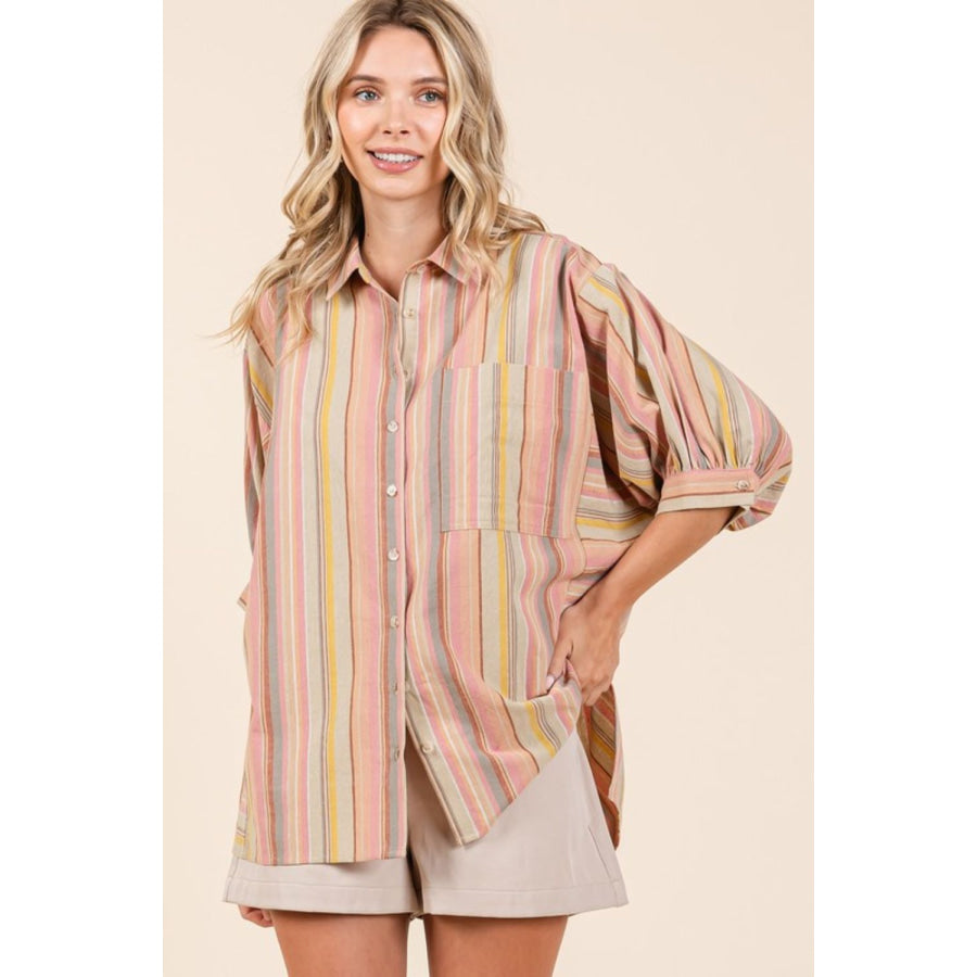 Mittoshop Striped Bubble Sleeve Button Down Shirt Apparel and Accessories