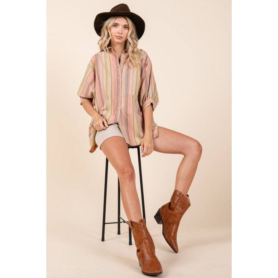 Mittoshop Striped Bubble Sleeve Button Down Shirt Apparel and Accessories