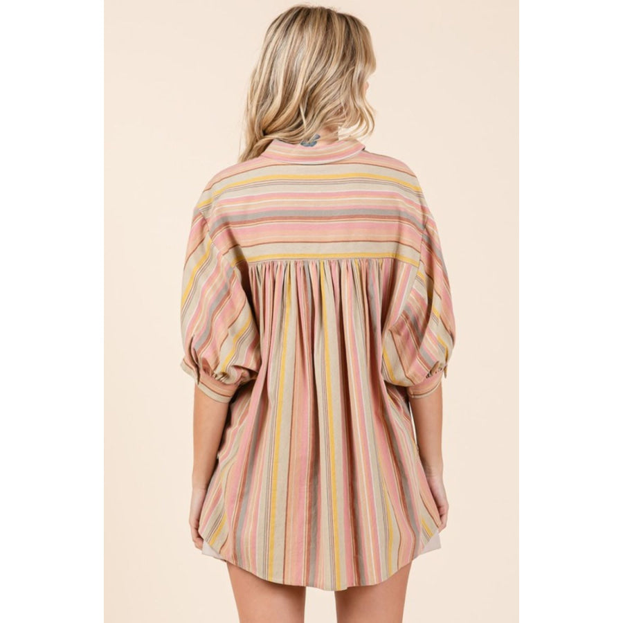 Mittoshop Striped Bubble Sleeve Button Down Shirt Apparel and Accessories