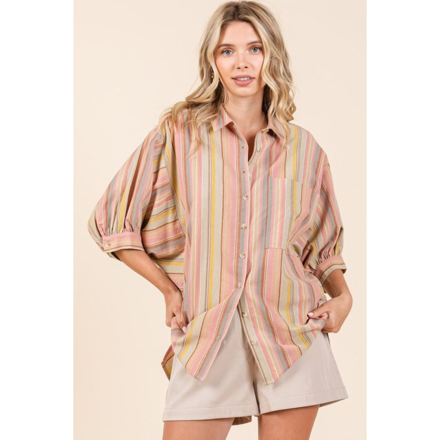 Mittoshop Striped Bubble Sleeve Button Down Shirt Apparel and Accessories