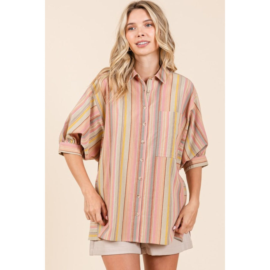 Mittoshop Striped Bubble Sleeve Button Down Shirt Apparel and Accessories