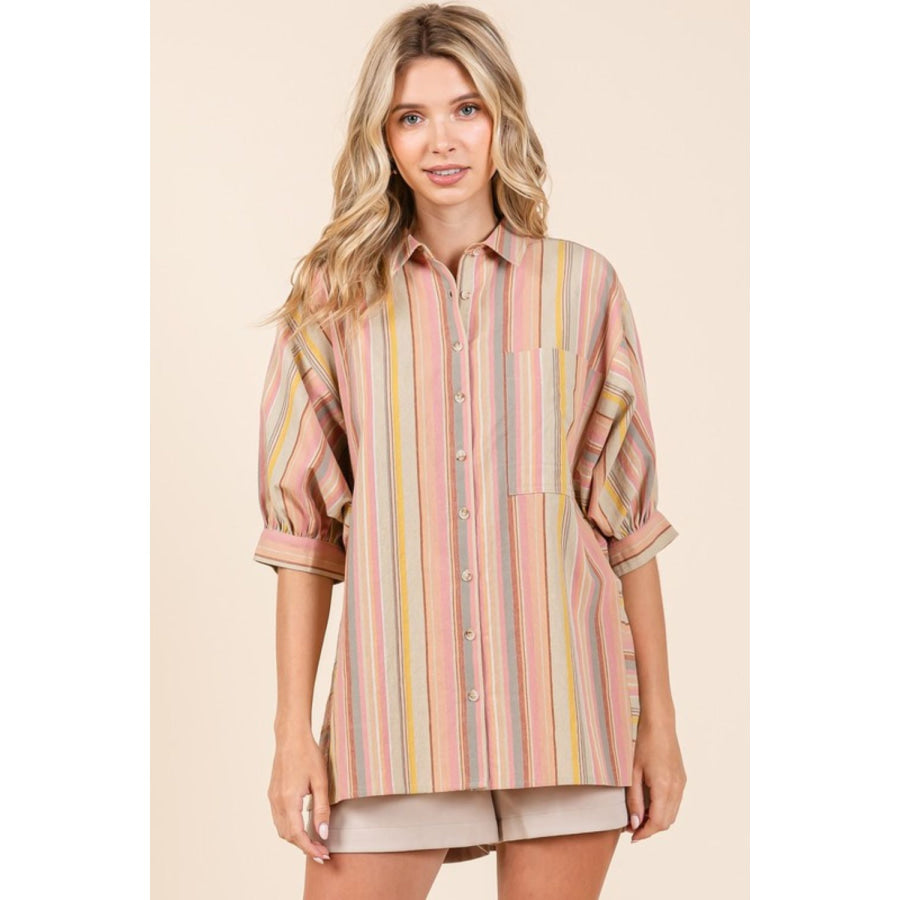 Mittoshop Striped Bubble Sleeve Button Down Shirt Apparel and Accessories