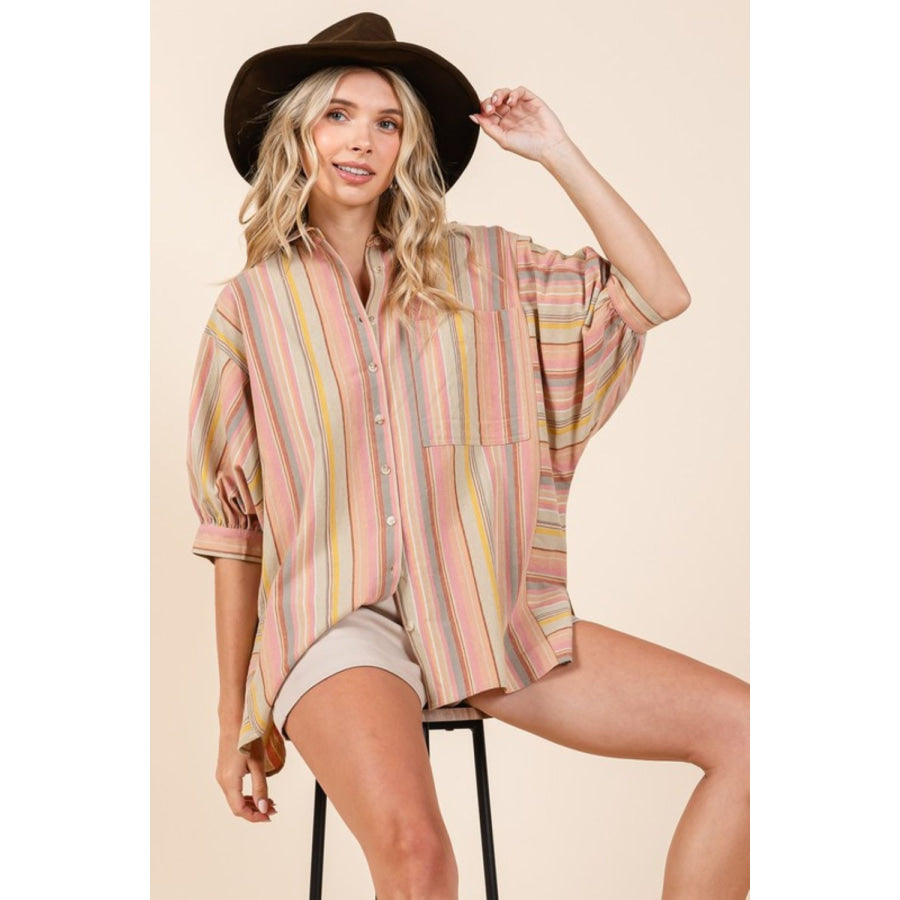 Mittoshop Striped Bubble Sleeve Button Down Shirt Apparel and Accessories