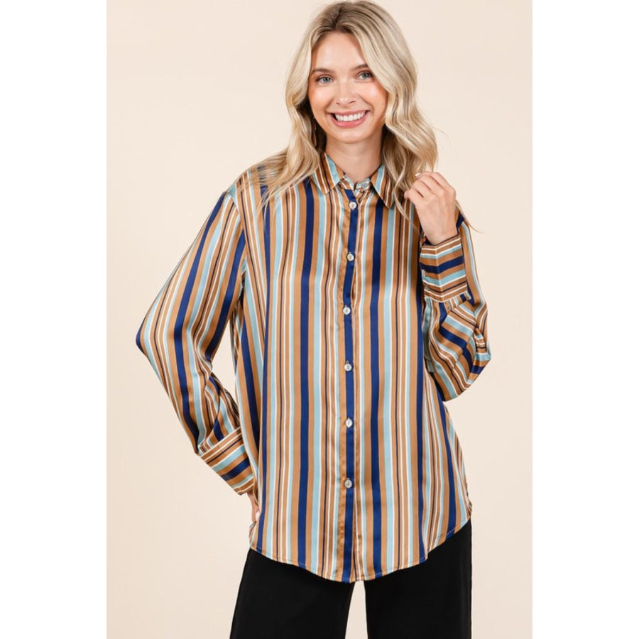 Mittoshop Striped Button Down Satin Shirt Navy Multicolor / S Apparel and Accessories