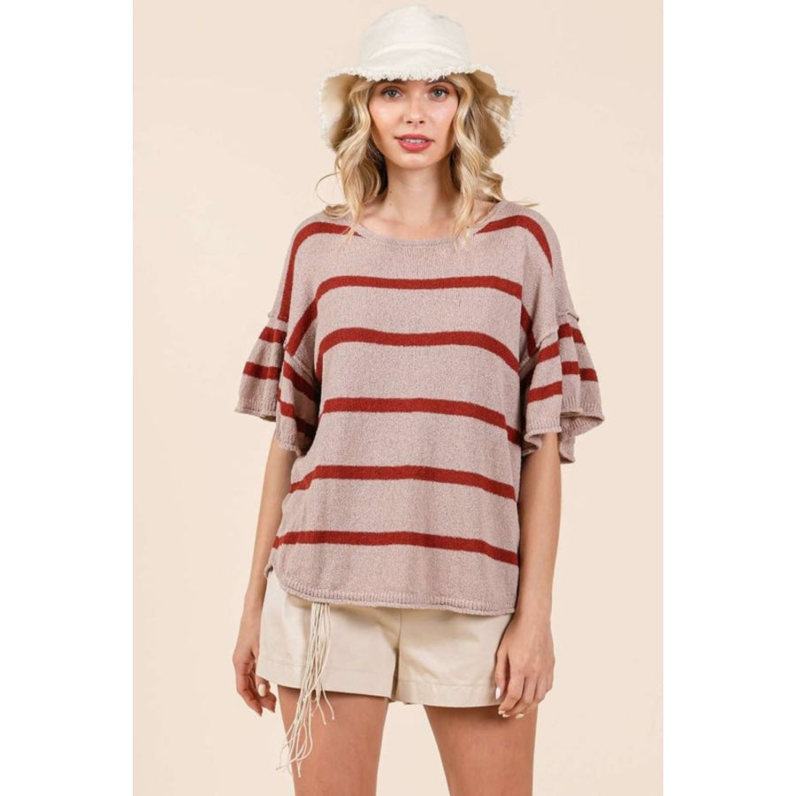 Mittoshop Striped Flounce Sleeve Knit Top Apparel and Accessories