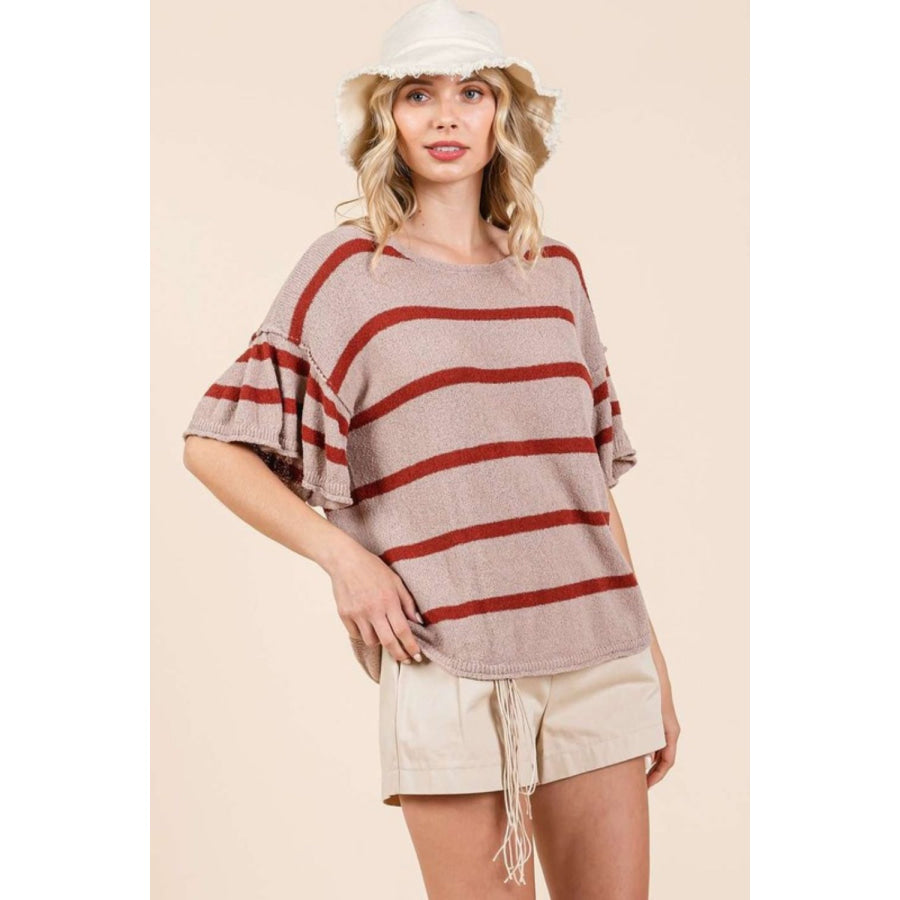 Mittoshop Striped Flounce Sleeve Knit Top Apparel and Accessories