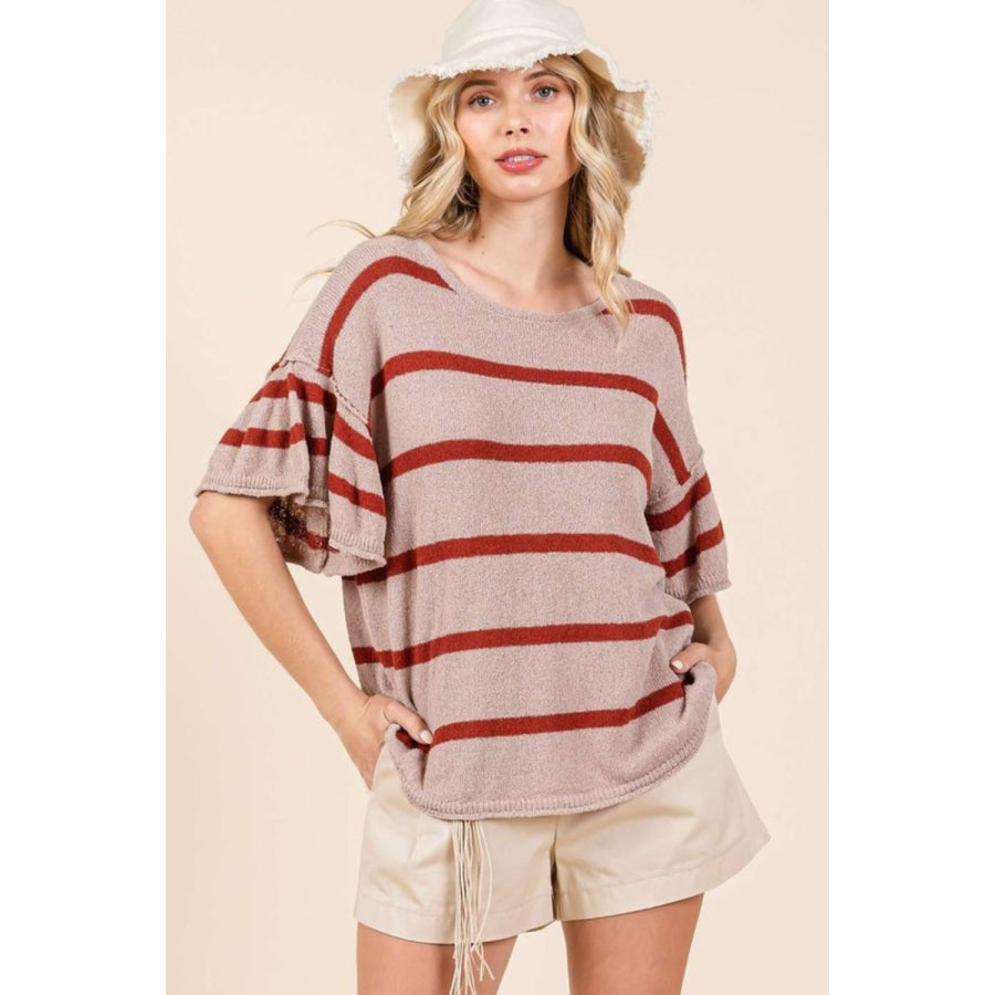 Mittoshop Striped Flounce Sleeve Knit Top Apparel and Accessories