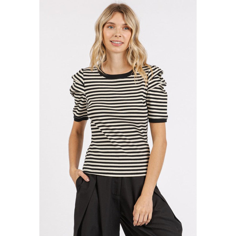 Mittoshop Striped Round Neck Puff Sleeve T-Shirt Apparel and Accessories