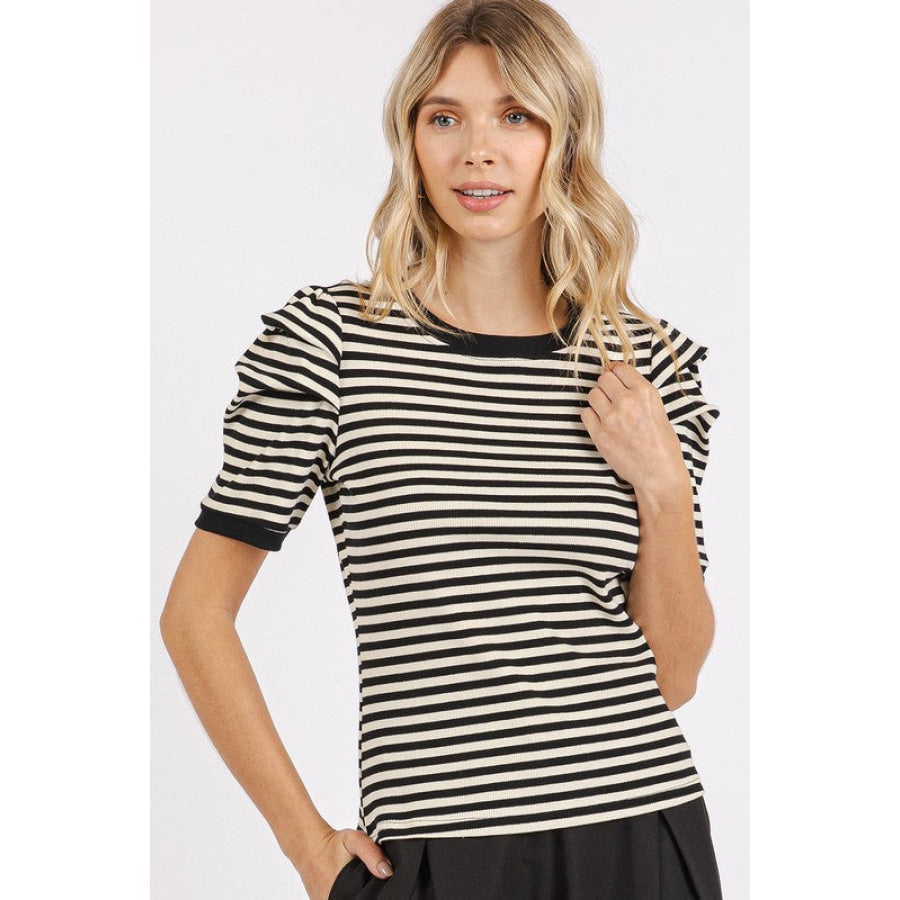 Mittoshop Striped Round Neck Puff Sleeve T-Shirt Apparel and Accessories