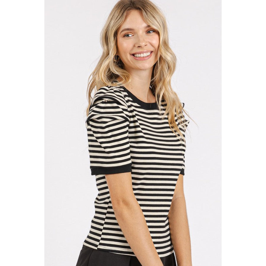 Mittoshop Striped Round Neck Puff Sleeve T-Shirt Black / S Apparel and Accessories