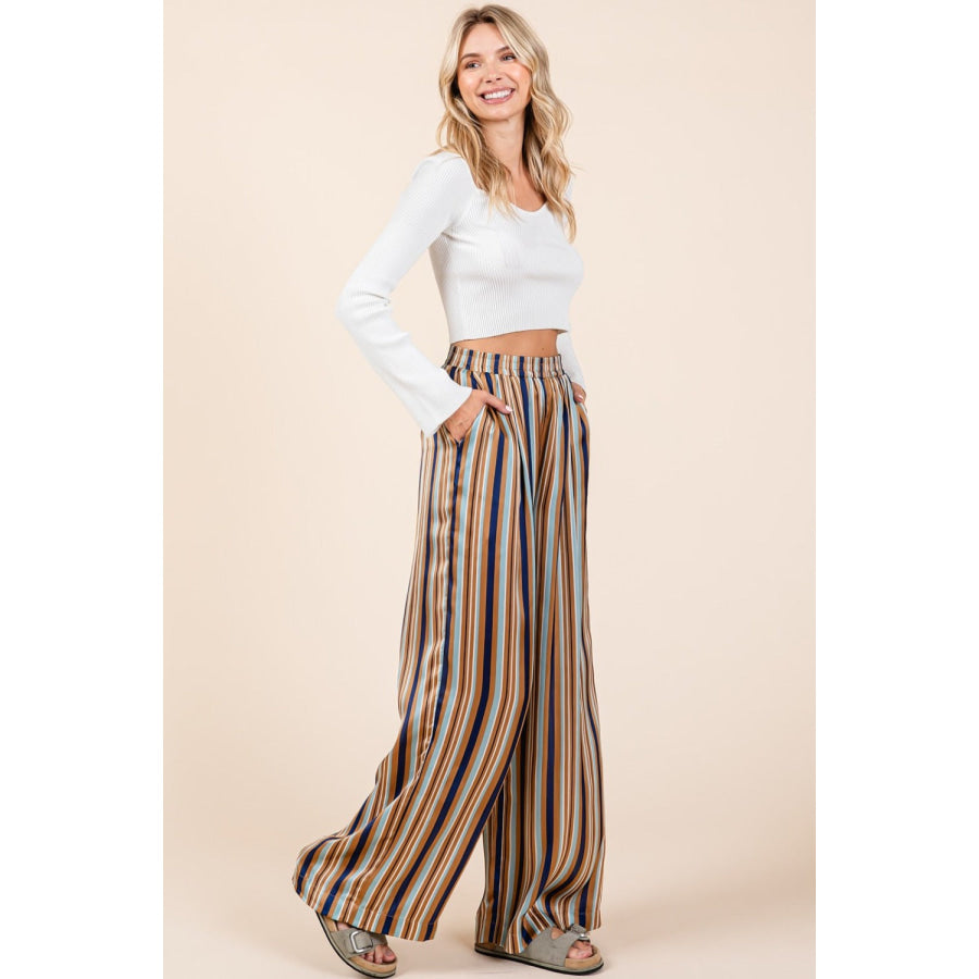 Mittoshop Striped Satin Elastic Waist Wide Leg Pants Apparel and Accessories