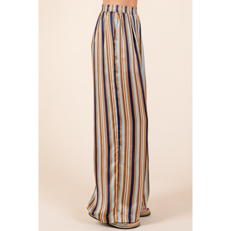 Mittoshop Striped Satin Elastic Waist Wide Leg Pants Apparel and Accessories