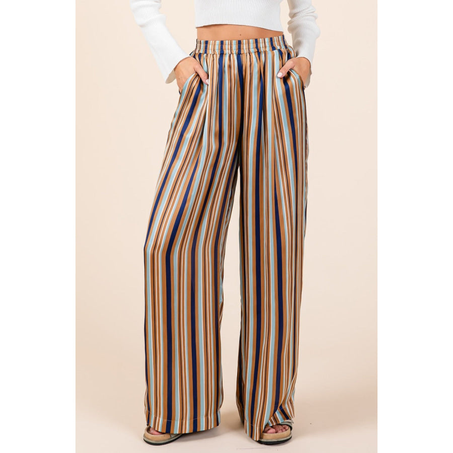 Mittoshop Striped Satin Elastic Waist Wide Leg Pants Apparel and Accessories