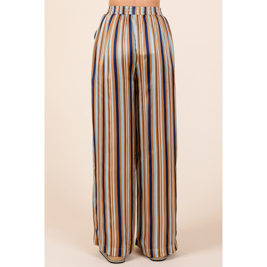 Mittoshop Striped Satin Elastic Waist Wide Leg Pants Apparel and Accessories