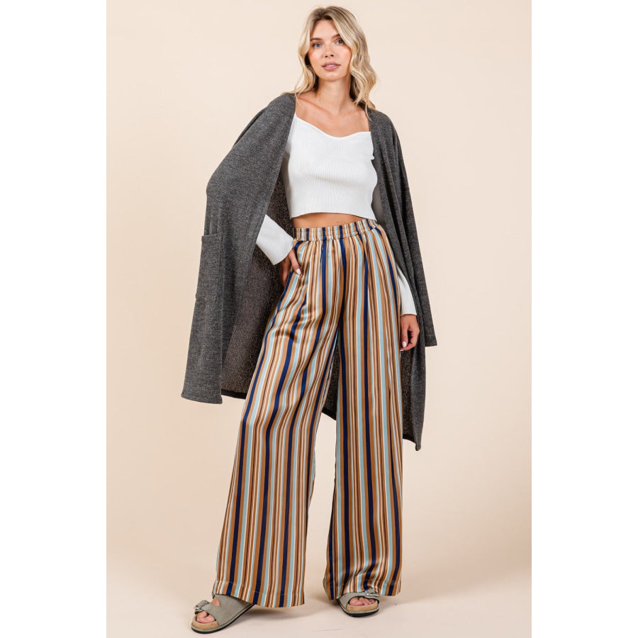 Mittoshop Striped Satin Elastic Waist Wide Leg Pants Navy Multi / S Apparel and Accessories