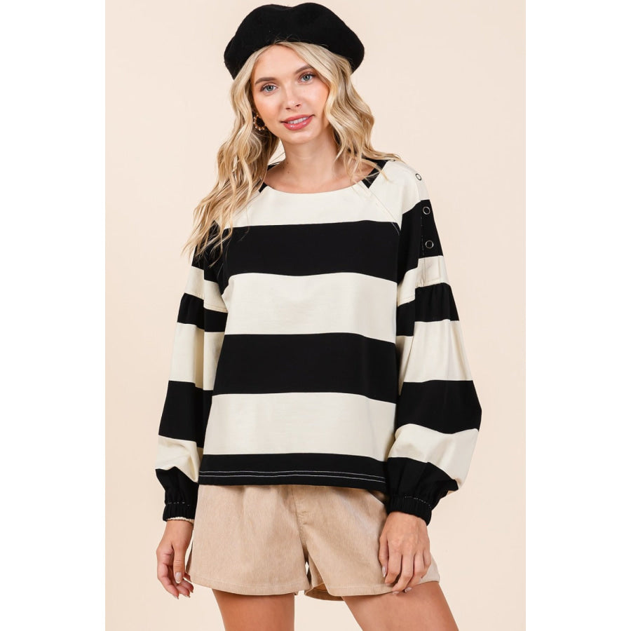 Mittoshop Striped Snap Shoulder Long Sleeve T-Shirt Apparel and Accessories