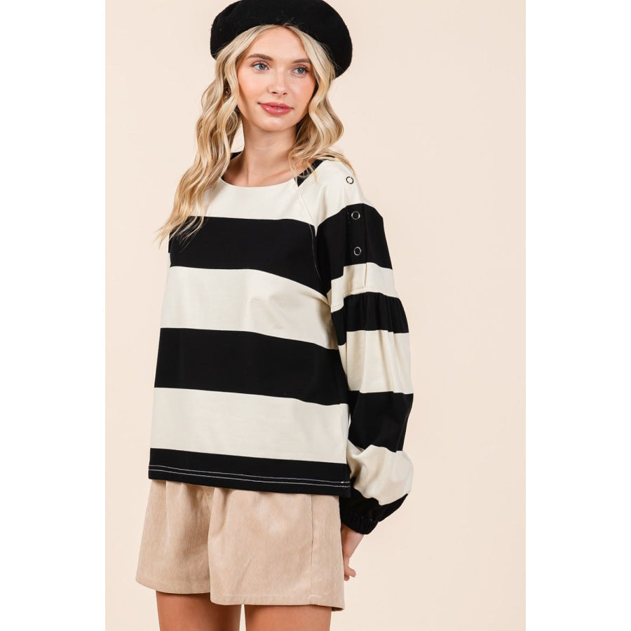 Mittoshop Striped Snap Shoulder Long Sleeve T-Shirt Apparel and Accessories