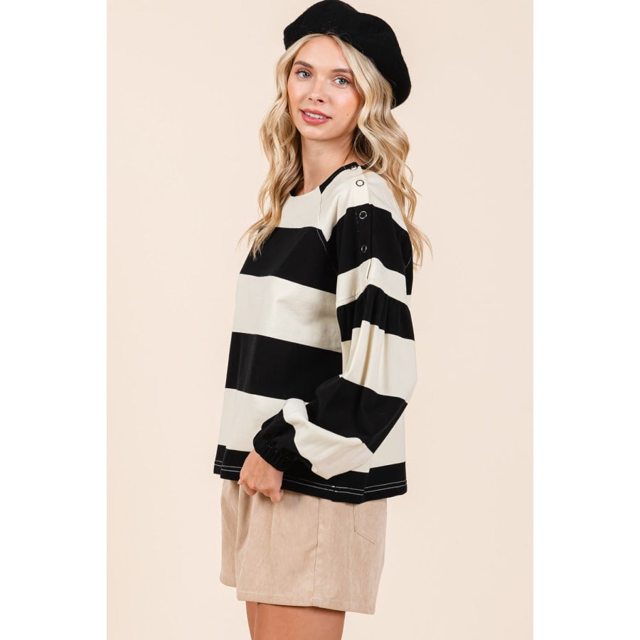 Mittoshop Striped Snap Shoulder Long Sleeve T-Shirt Apparel and Accessories