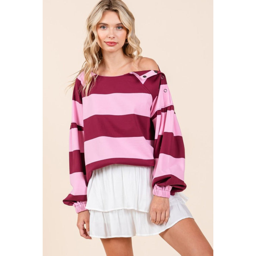 Mittoshop Striped Snap Shoulder Long Sleeve T-Shirt Apparel and Accessories