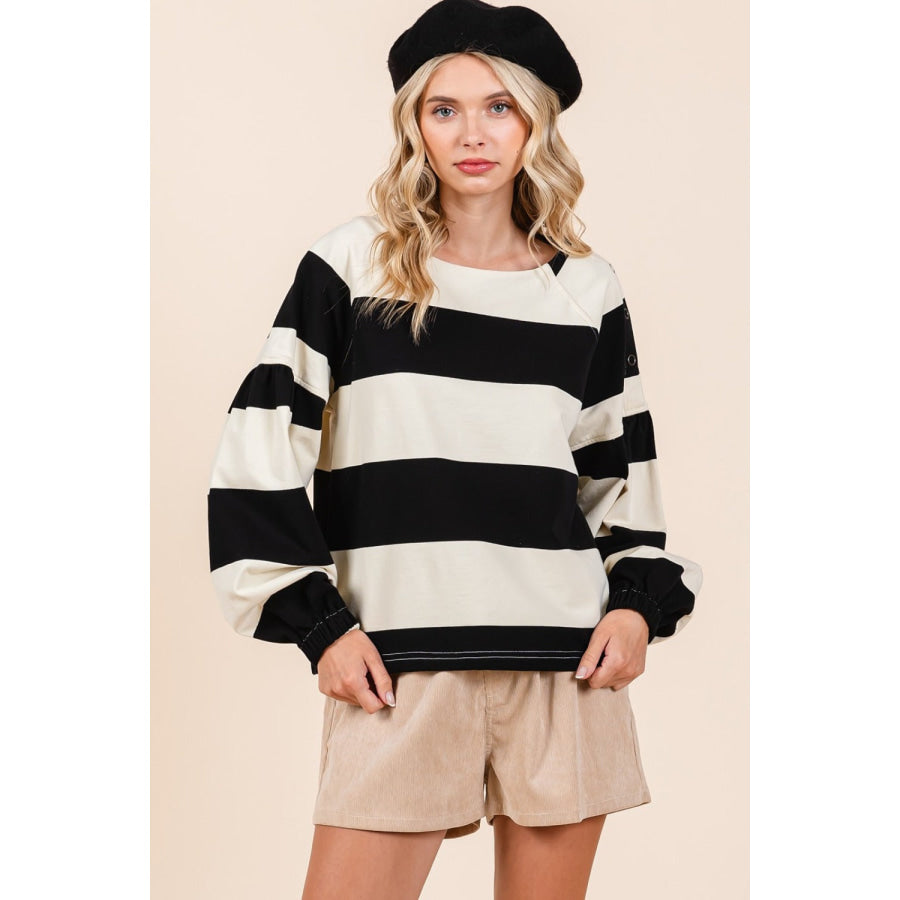 Mittoshop Striped Snap Shoulder Long Sleeve T-Shirt Black/Ivory / S Apparel and Accessories