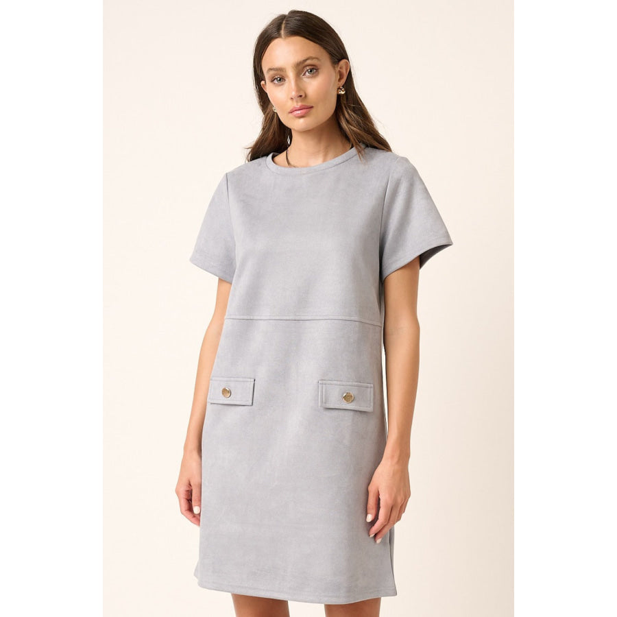 Mittoshop Suede Short Sleeve Mini Dress Dusty Blue / S Apparel and Accessories