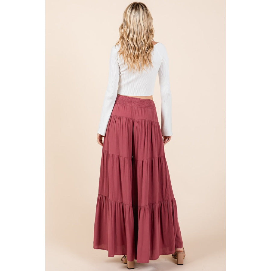 Mittoshop Tier Detail Smocked Elastic Waist Wide Leg Pants Apparel and Accessories