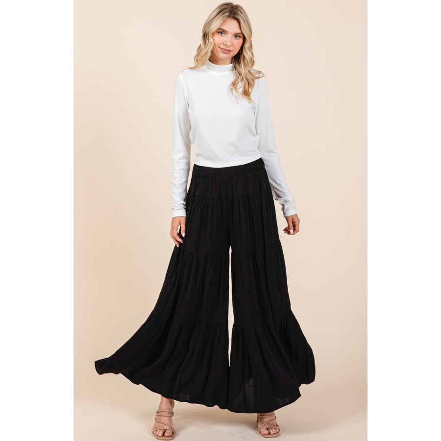 Mittoshop Tier Detail Smocked Elastic Waist Wide Leg Pants Apparel and Accessories